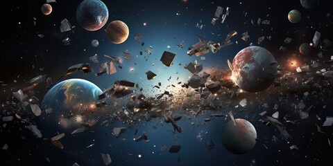 Space junk, space debris, floating in space, or earth atmosphere. galactic junk.