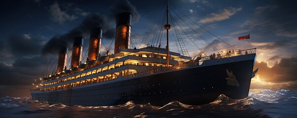 Extremely detailed and realistic high resolution illustration of the old passenger ship Titanic - obrazy, fototapety, plakaty