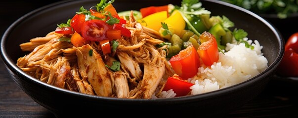 Close-up of delicious pulled chicken with colorful vegetables on rice in a black bowl.