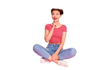 Full length body size photo beautiful she her lady buns pomade lips hold hand arm chin look empty space wondered wear casual jeans denim striped red white t-shirt sit floor isolated pink background