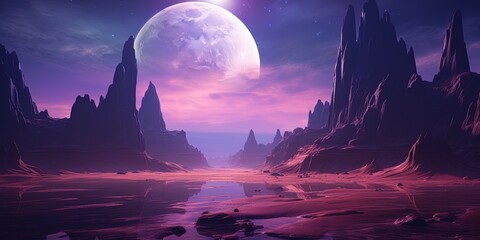 Digital art of a mystical purple landscape featuring towering cliffs and a large moon