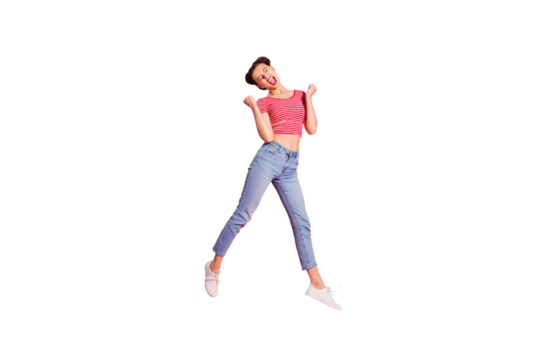 Full length body size photo yelling beautiful she her lady pomade lips jump high sale discount shopping store mall wear casual jeans denim striped red white t-shirt sit floor isolated pink background