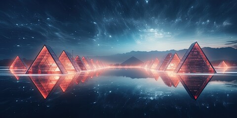 A surreal landscape with neon-lit triangles and pyramids arranged in rows with misty reflection