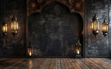 Fototapeta premium Ramadan lantern with mural background and reflective floor