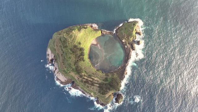 4k Aerial shot of Vila Franca do Campo volcanic island in atlantic ocean, San Miguel, Azores, Portugal. footage Drone flying over volcanic islet
