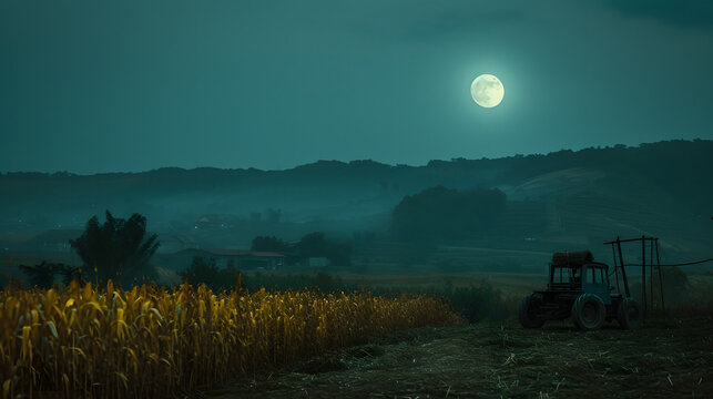 Farmers working under the soft light of the moon background