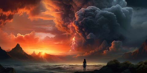 As the fiery volcano erupted against the vibrant sunset sky, a woman gazed in awe at the billowing clouds of smoke, a chaotic display of nature's power and the devastating effects of pollution - obrazy, fototapety, plakaty