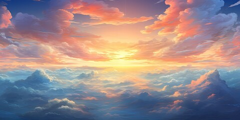 Heavenly sky. Sunset above the clouds abstract illustration. Extra wide format. Hope, divine, heavens concept.