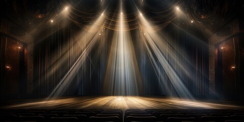 Beams of light shine through partially opened theater curtains onto a dark stage, suggesting an imminent show - obrazy, fototapety, plakaty