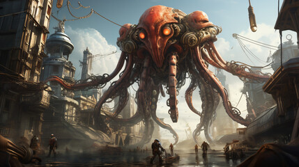 A mechanical octopus in a steampunk city with tentacle - obrazy, fototapety, plakaty