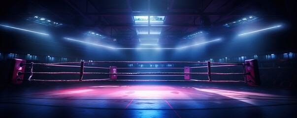 boxing ring with illumination by spotlights - obrazy, fototapety, plakaty
