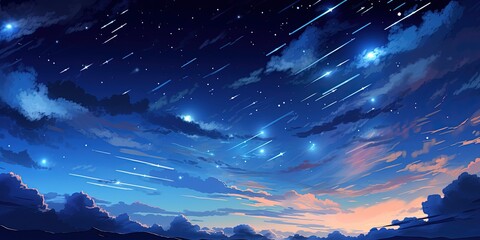 Heavenly sky. Sky of shooting stars, meteor shower, wide format background illustration. Space spectacle. - obrazy, fototapety, plakaty