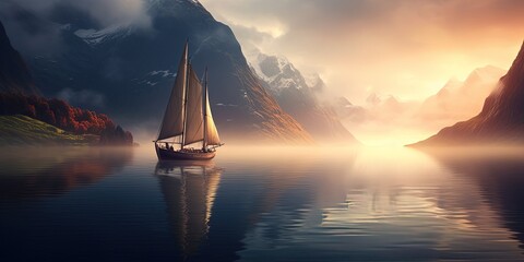 A dreamy scene featuring a sailboat gliding through a mist-covered fjord during a serene sunrise
