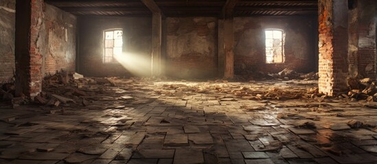 The image shows an empty room in an abandoned old house, featuring a destroyed brick floor and rays of sunlight pouring in through the windows. The aged background texture indicates urgent repair is