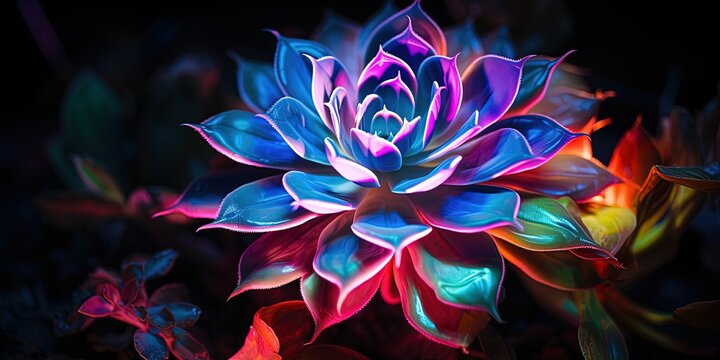 A succulent plant is illuminated with neon light effects, giving the image a captivating, otherworldly aesthetic