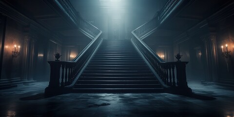 As the fog settles, a symmetrical staircase beckons with its handrail glowing in the light, leading towards the unknown depths of the building on a shadowy night - obrazy, fototapety, plakaty