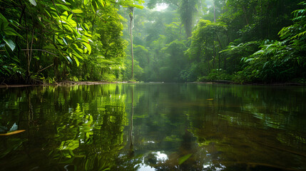 Dense rainforest reflected in a winding jungle river background - Powered by Adobe