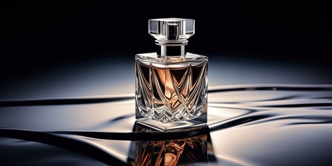 A chic clear perfume bottle captured with dynamic light and shadows, creating a sophisticated image - obrazy, fototapety, plakaty