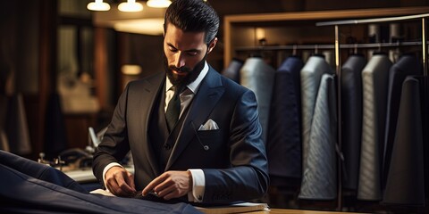 A men's suit tailor, making adjustments to a new suit. Well dressed gentleman, of a custom tailored suit shop. - obrazy, fototapety, plakaty