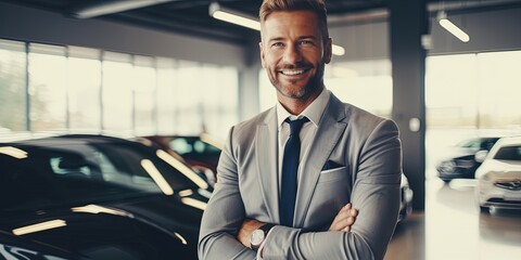 Professional luxury car salesman in luxury showroom. Smiling salesman in showroom. Expensive car. Car dealer business. Automotive industry. Luxury car agent.
