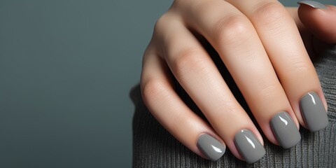 Glamour woman hand with gray nail polish on her fingernails. Gray color nail manicure with gel polish at luxury beauty salon. Nail art and design. Female hand model.