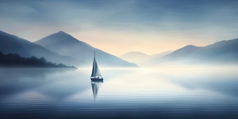 Deurstickers A serene image of a sailboat gliding over calm waters with misty hills in the background © Sanych