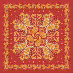 Square Paisley Pattern for printing on scarves, bandanas, shawls, kerchiefs, pillow cases. Red Background. 