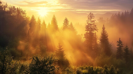 morning glow spreading across a tranquil forest as the sun rises
