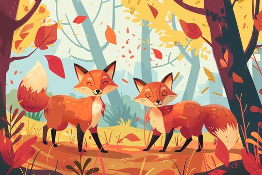 a group of foxes walking in the woods