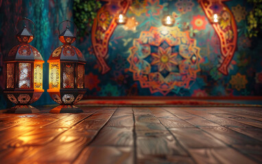 Ramadan lantern with mural background and reflective floor