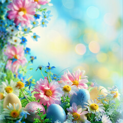 Greetings on Easter. greetings on this Easter background. Flowers and eggs for Easter.
