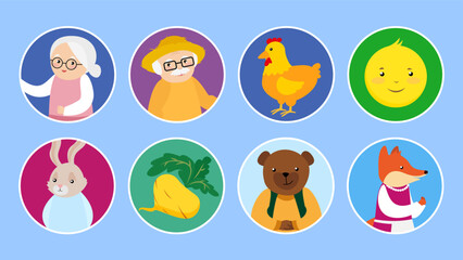 Cute cartoon animals and birds on round icons set. Vector illustration