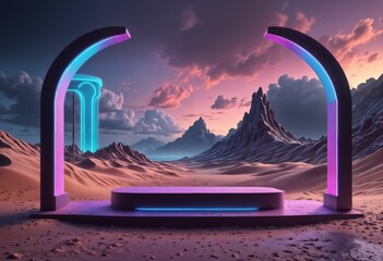 Surreal Landscape Podium Display Abstract Design with Pastel Tones and Colorful Sky Background ai generated