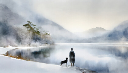 冬の湖畔を眺める男性とペットの犬の水彩画調,Generative AI,AI画像
 - obrazy, fototapety, plakaty