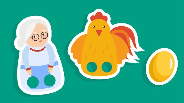 Easter card with cartoon old woman and rooster. Vector illustration