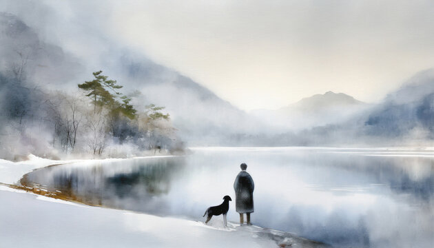 冬の湖畔を眺める男性とペットの犬の水彩画調,Generative AI,AI画像
