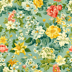 Fototapeta na wymiar Retro Garden Charm: Vintage-Inspired Floral Pattern, Captivating Springtime Design, Created using generative AI 