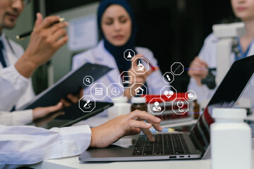 Medical, meeting and laptop for team in office in discussion, brainstorming and planning. Doctor, nurse and computer on desk, teamwork or workshop for data analytics.