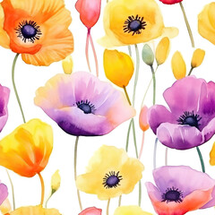 Watercolor wild flowers meadow seamless background