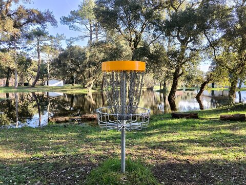Cesta met&aacute;lica de disco de golfe: Um o&aacute;sis para a divers&atilde;o no parque entre &aacute;rvores e &agrave; beira de um lago