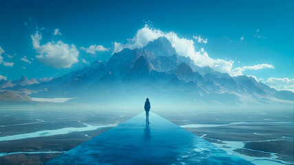 A lone explorer stands before a towering range, casting a solitary reflection on the icy path under a crisp blue sky - obrazy, fototapety, plakaty