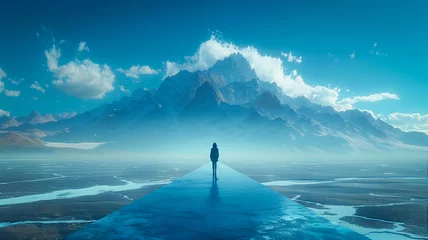 Poster A lone explorer stands before a towering range, casting a solitary reflection on the icy path under a crisp blue sky © Lila DK