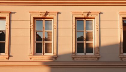 beautiful two windows on the facade of a building with a shadow from the sun. 
