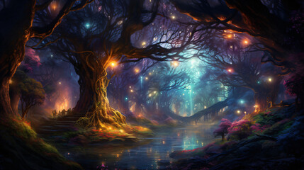 A mystical forest with glowing trees and magical creat
