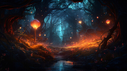 A mystical forest with glowing trees and magical creat