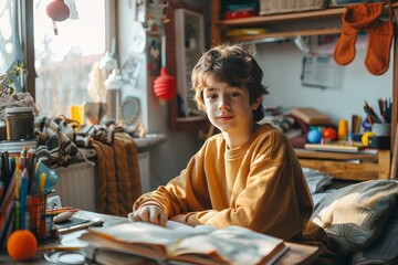 Fototapeta premium A boy sits pondering while studying, in a sunlit room decorated with personal items and educational materials