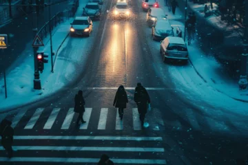 Deurstickers Pedestrians on Snowy Zebra Crossing at Dusk, Winter City Life © Natalia Klenova