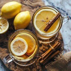 Two clear glass mugs of hot apple alcohol with cinnamon sticks and lemon slices sitting on top of an old wooden board on a marble surface