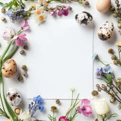 Naklejka na ściany i meble Easter quail eggs, flowers, and a blank piece of paper on a white background make up this composition. Concept for the spring holidays with copy space. aerial view. 