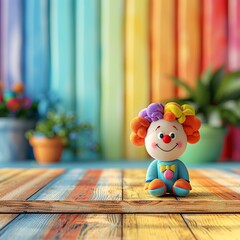 white wooden table view background mockup rainbow circus themed room with a clown doll